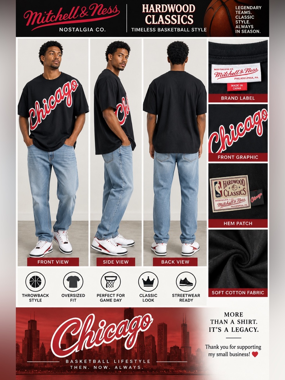 Mitchell & Ness Hardwood Classics Chicago Men’s 2XL Oversized Graphic T-Shirt